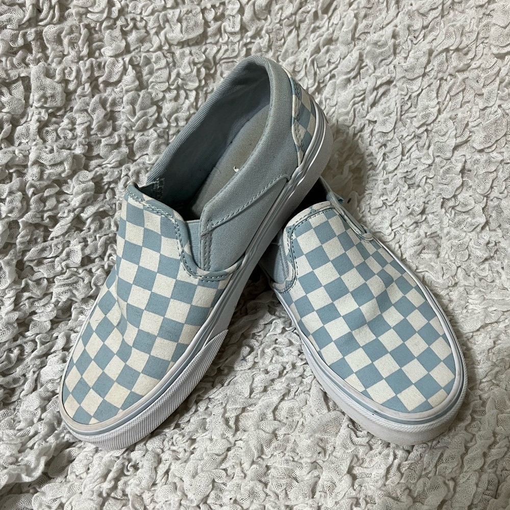 BABY BLUE/TRUE WHITE CHECKERBOARD SLIP-ON VANS